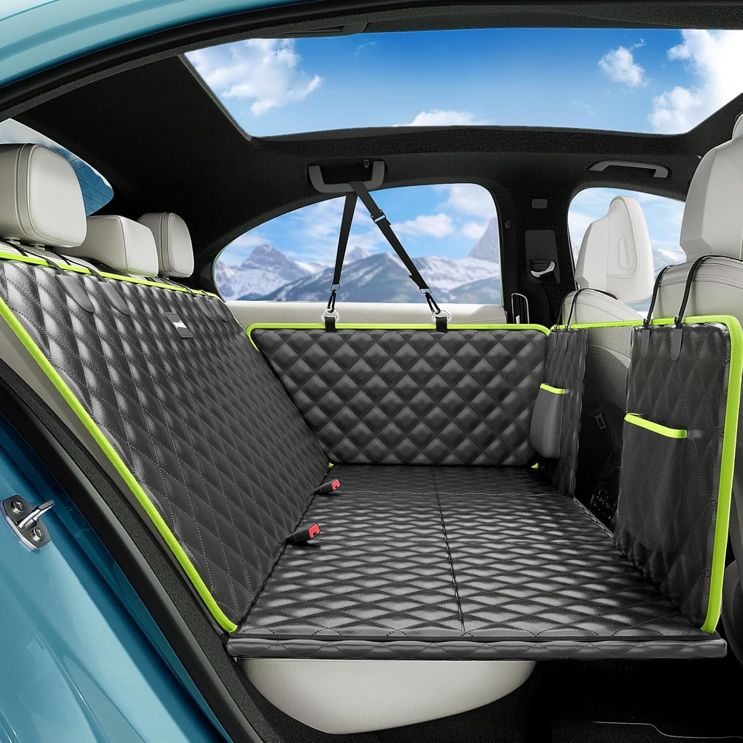 Dog Car Seat Cover for Back Seat, Waterproof Leather Fabric Back Seat Extender for Dogs 52.4 * 24.4In, Foldable in the Car, Hard PVC Panels Bottom Support to 330 Lbs, for Cars/Mid-Size Suv/Small Truck